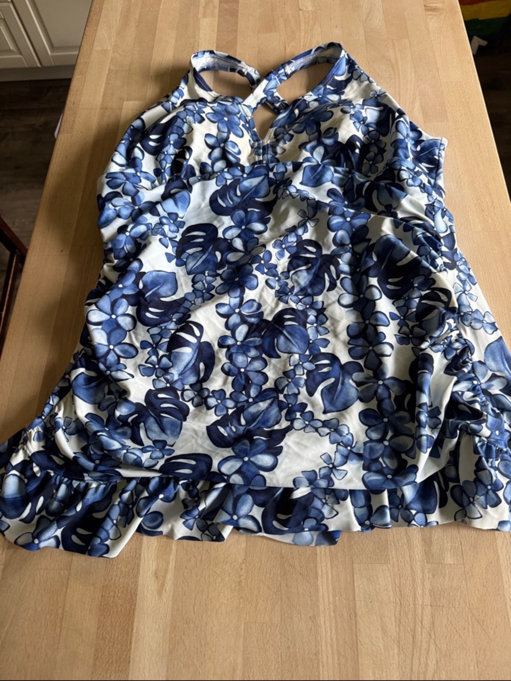 Ocean Dreams White Blue Swim Dress w/ Adjustable Crisscross Straps Plus Size 22W